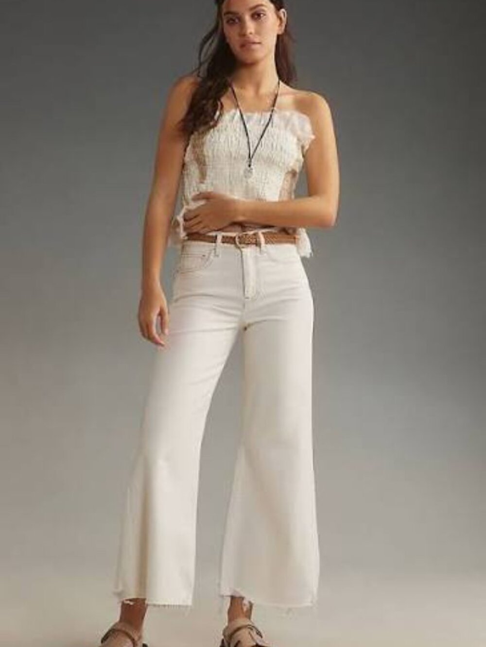 FRAME Le Palazzo Wide Leg Crop Raw Fray Jeans in Au Natural Wide Leg Cream 28